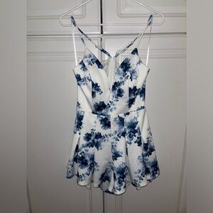 Blue and white lace back detail floral romper